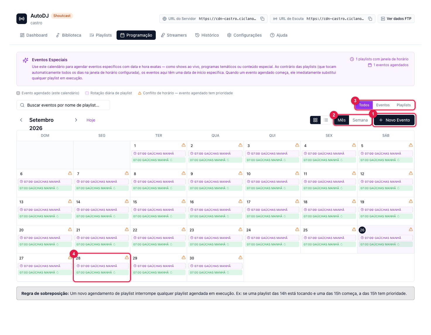 Calendário da Programação em visão de mês com os eventos agendados e as janelas diárias das playlists