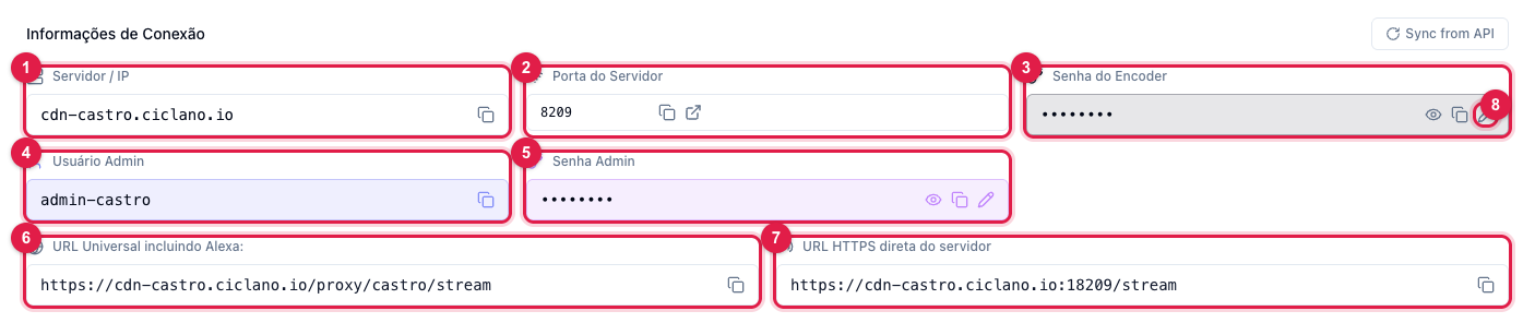 Bloco Informações de Conexão com servidor, porta, senha do encoder, usuário e senha admin e os dois links de escuta