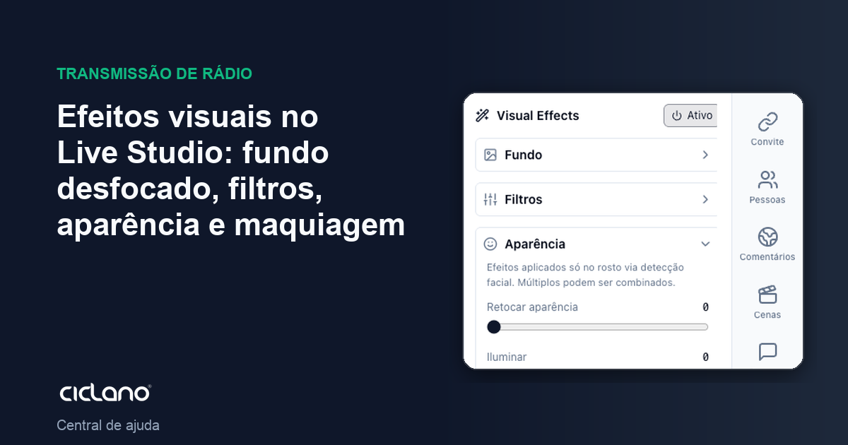 Efeitos visuais no Live Studio: fundo desfocado, filtros, aparência e maquiagem
