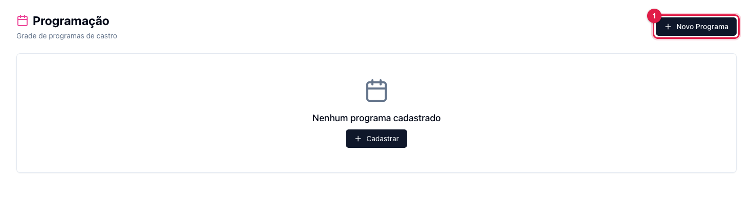 Página Programação sem programas, com o botão Novo Programa