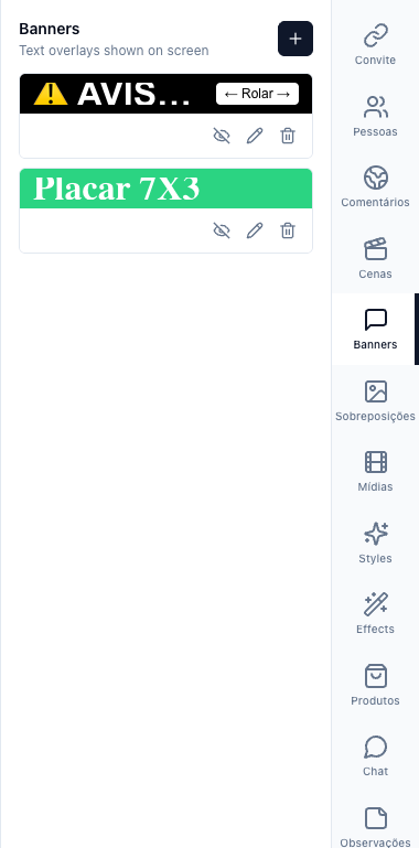 Aba Banners com o botão de adicionar e a lista de banners, cada um com Mostrar, Editar e Apagar