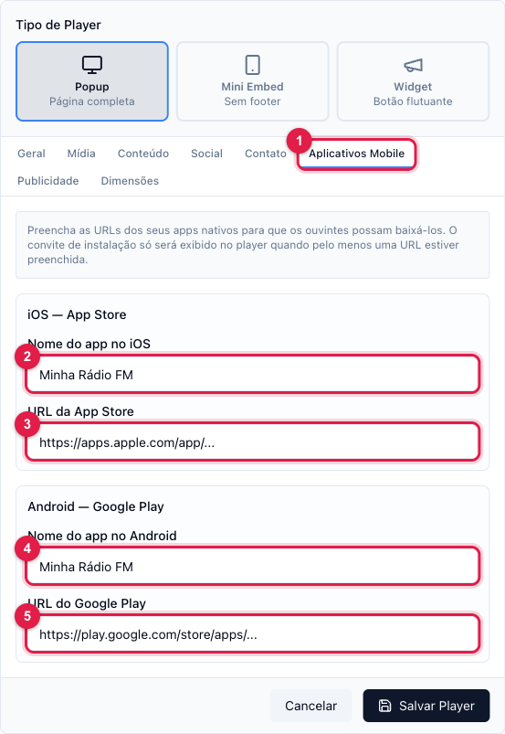 Aba Aplicativos Mobile com nome e URL do app no iOS e no Android