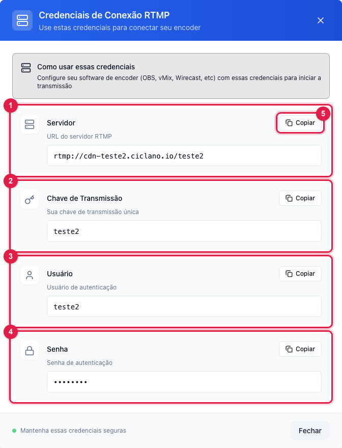 Janela Credenciais de Conexão RTMP com Servidor, Chave de Transmissão, Usuário e Senha e o botão Copiar
