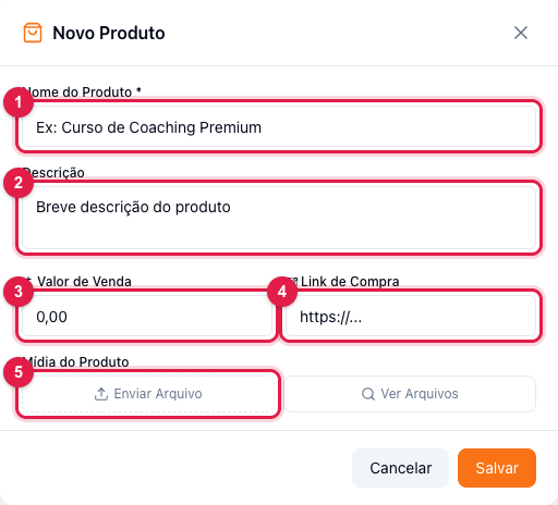 Janela Novo Produto com nome, descrição, valor, link de compra e mídia
