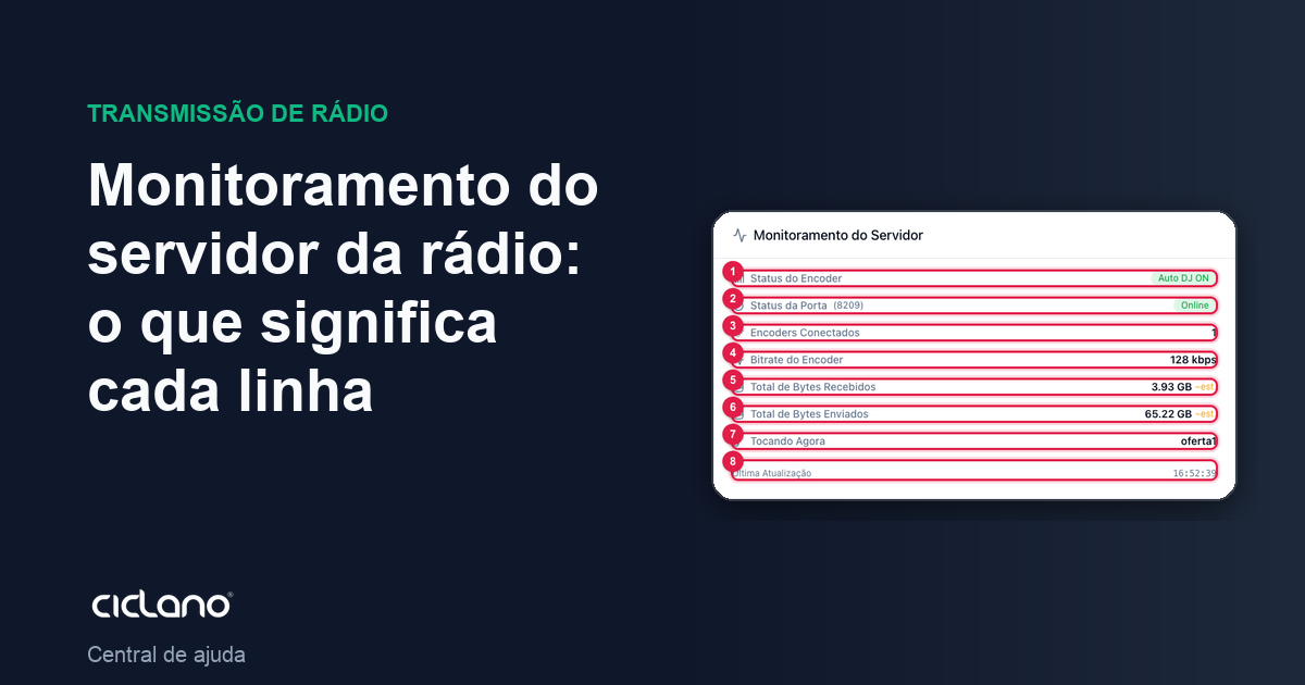 Monitoramento do servidor da rádio: o que significa cada linha