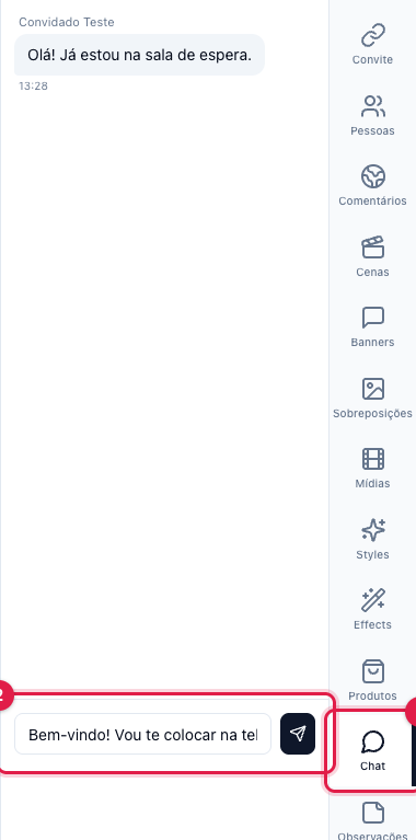 Aba Chat com uma mensagem do convidado e o campo de digitar