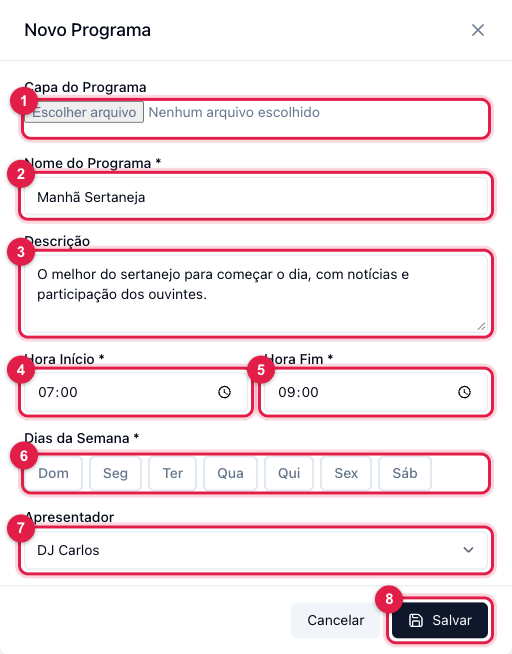 Janela Novo Programa com capa, nome, descrição, hora de início e fim, dias da semana e apresentador
