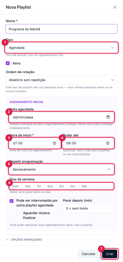 Janela Nova Playlist com o tipo Agendada e o agendamento inicial: repetição, dias da semana, hora de início e rodar até