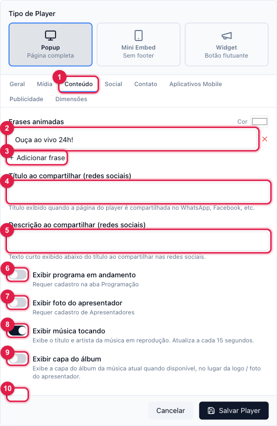 Aba Conteúdo do Web Player com os interruptores Exibir programa em andamento e Exibir foto do apresentador